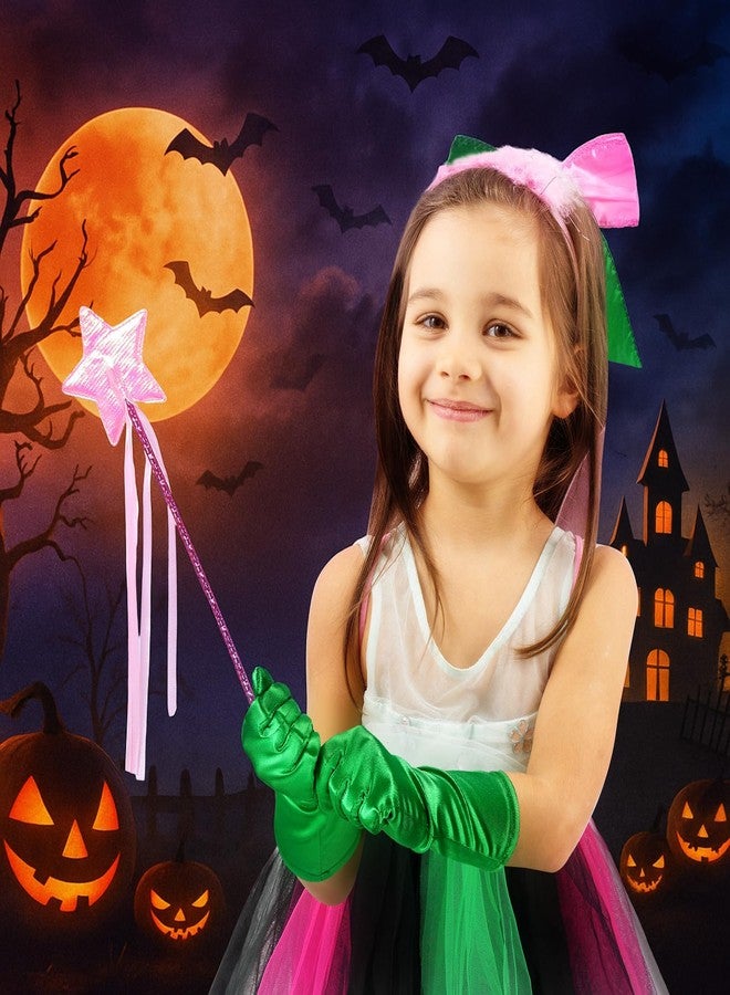 ShinyMatch 5 Pcs Halloween Costumes Pink and Green Witch Costume Tutu Skirt Hair Bow Gloves Socks Wand for Halloween Cosplay Party - Image 5